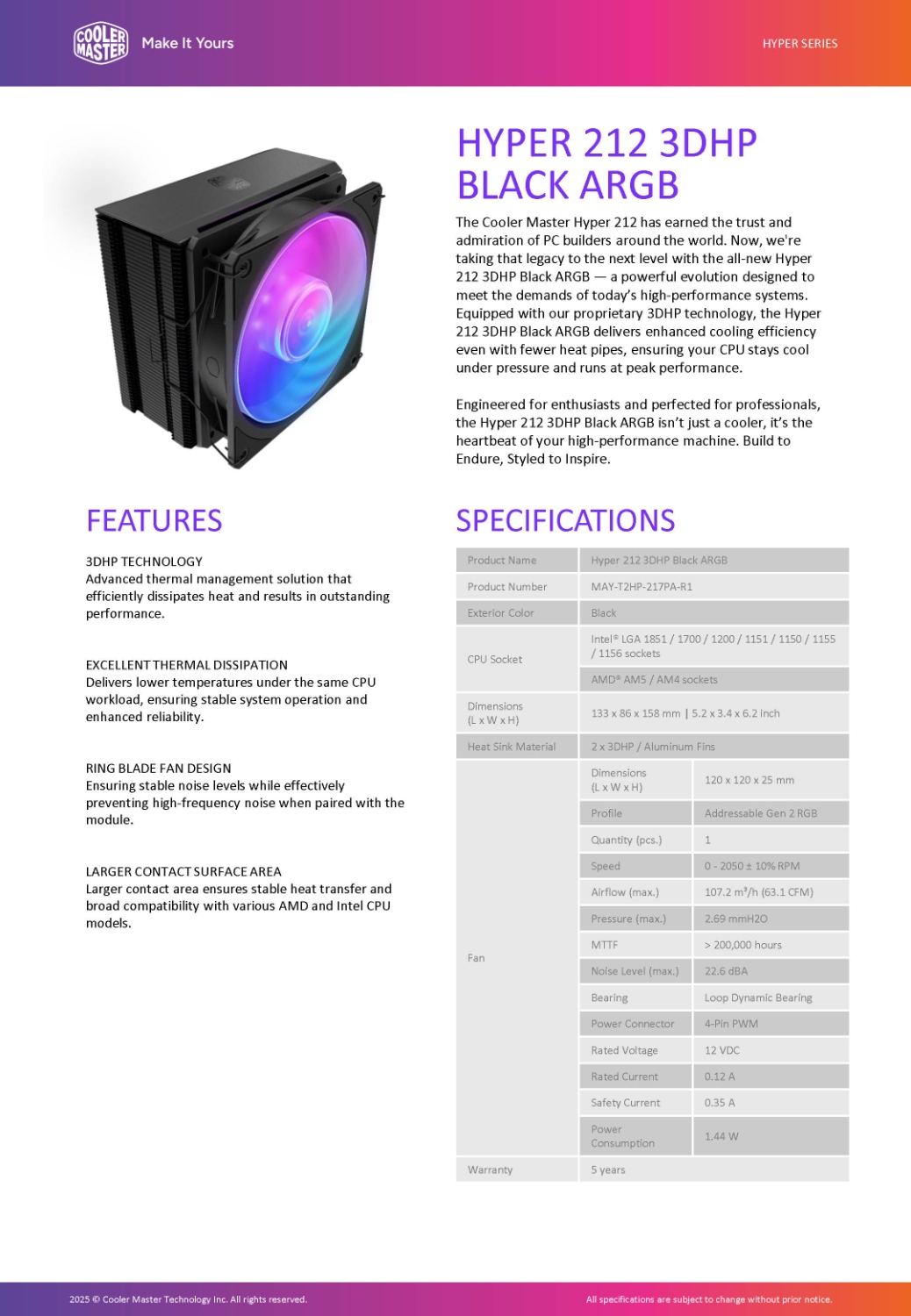 Hyper 212 3DHP Black ARGB Product Sheet 0620 Page 1